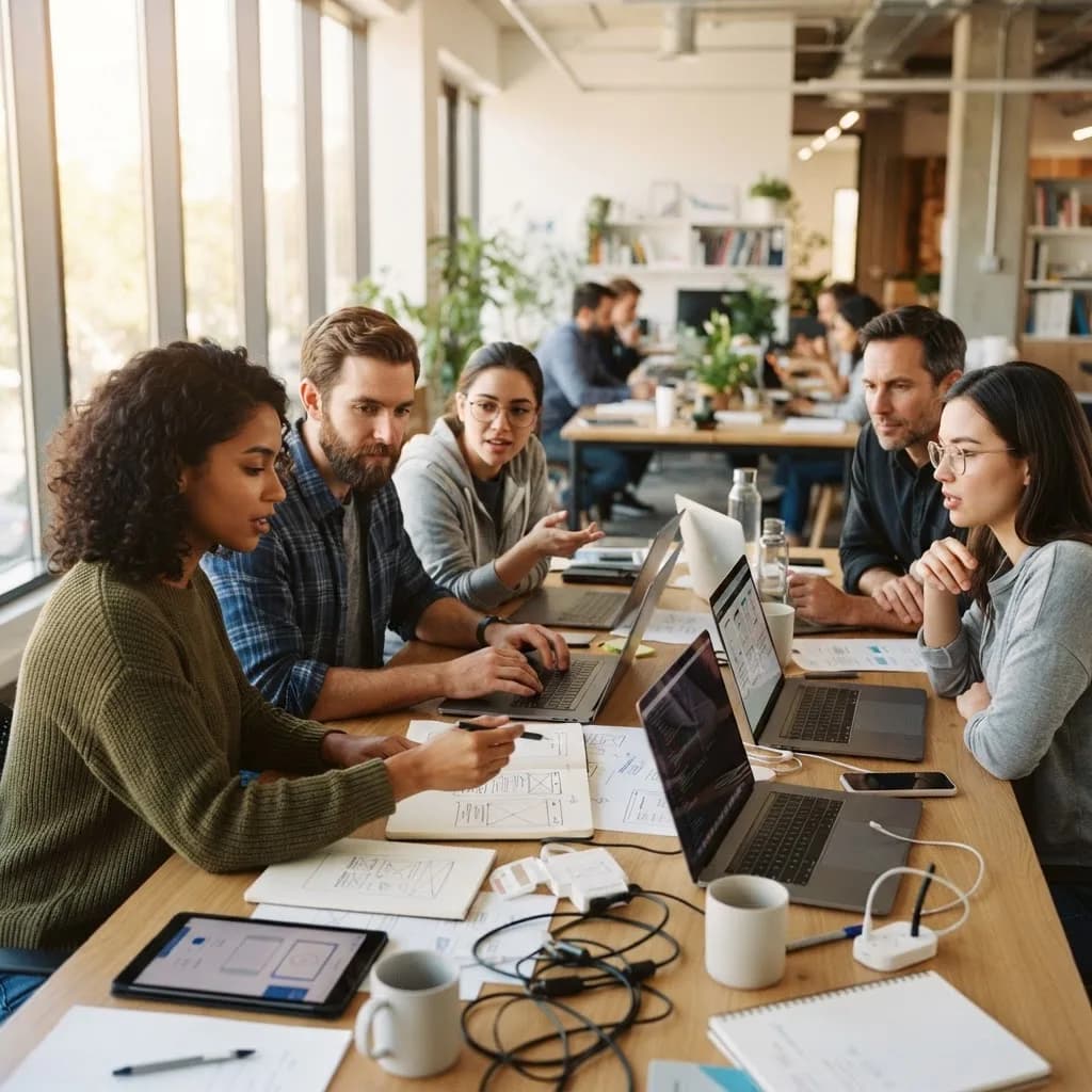 Product team collaborating in a bright studio