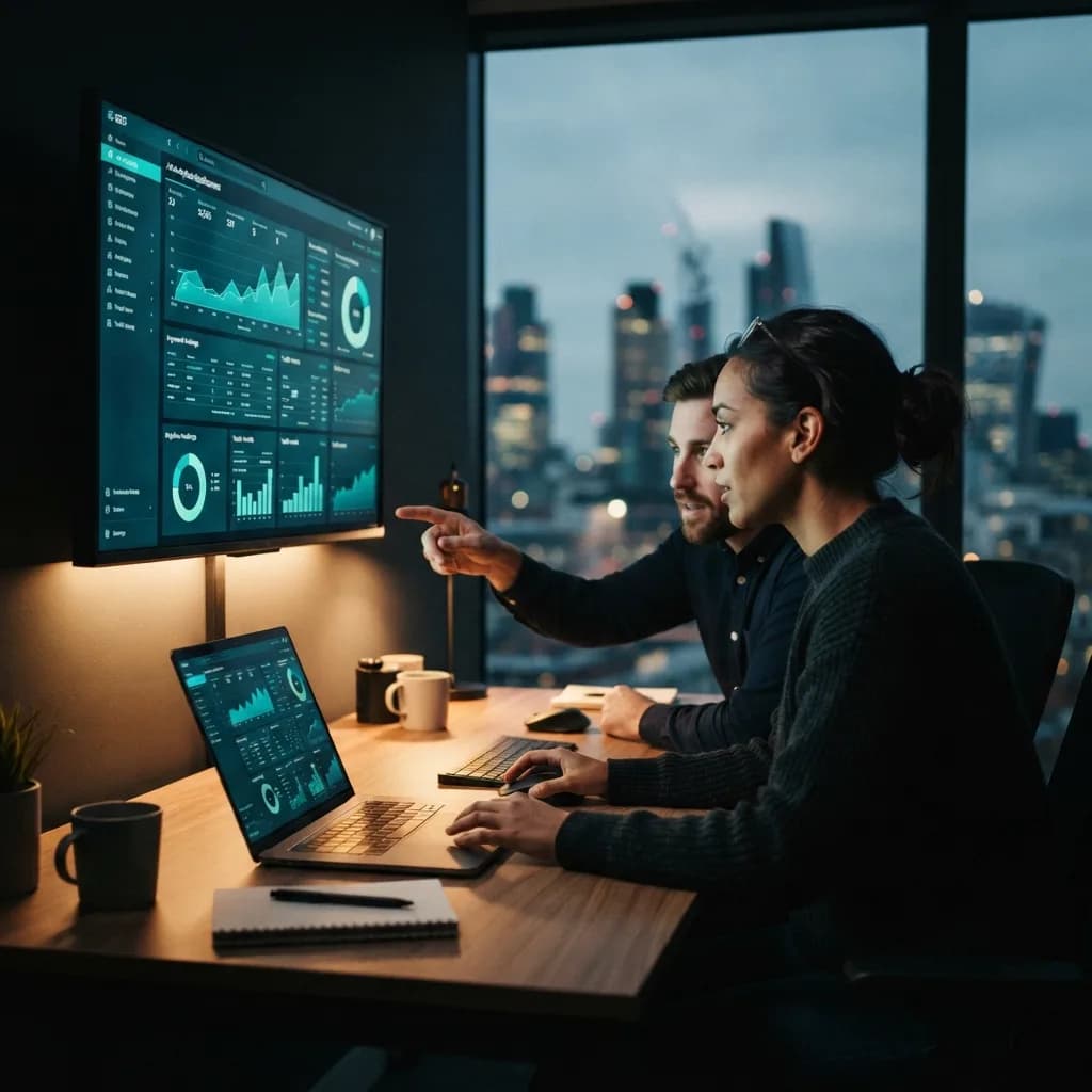 Two SEO agency consultants reviewing client dashboards