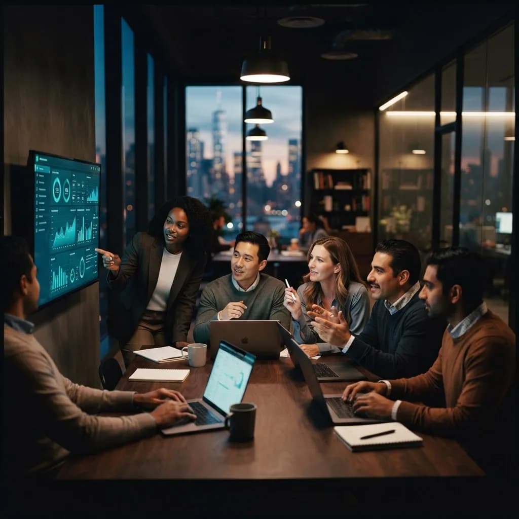 Team of professionals collaborating around a shared dashboard